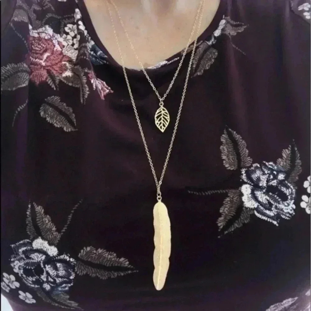 Double Layer Leaf Feather Pendant Gold Fashion Statement Long Necklace NWT